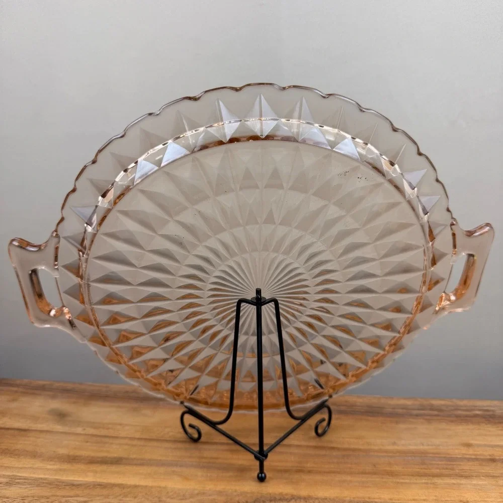 Jeanette Windsor Pattern Pink Depression Glass Cake Plate Handle Platter